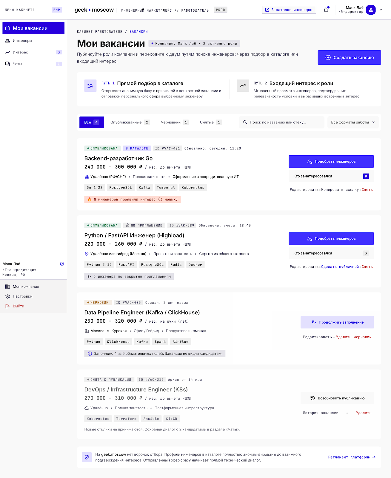 Мои вакансии работодателя