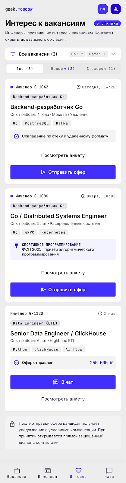 Интересы инженеров к вакансиям